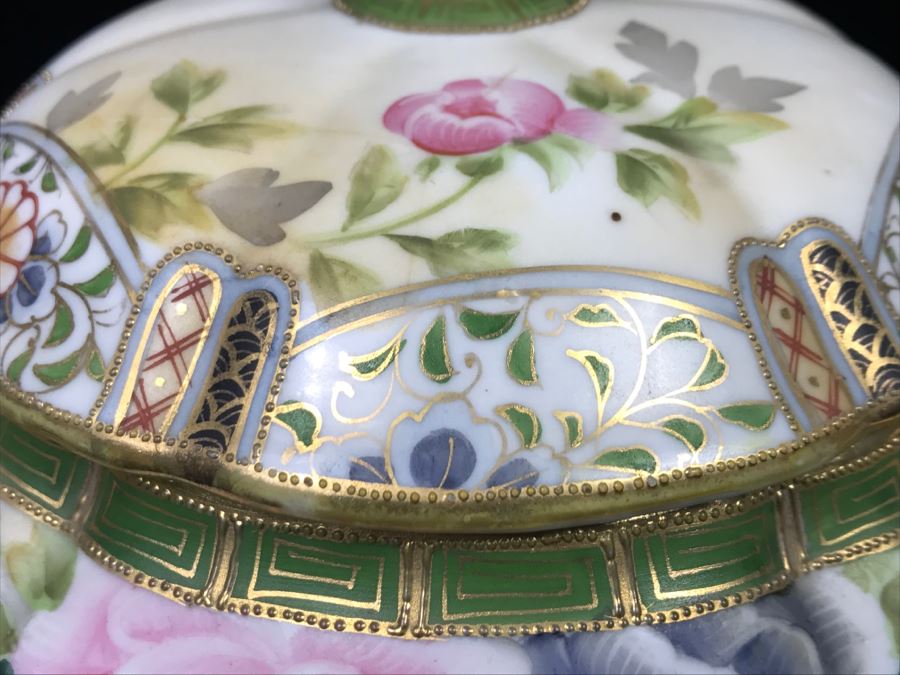 Stunning Hand Painted NIPPON Japanese Covered Footed Bowl Hairline Cracks In Bottom And Lid [Photo 6]