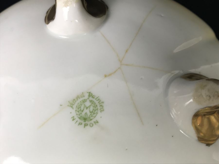 Stunning Hand Painted NIPPON Japanese Covered Footed Bowl Hairline Cracks In Bottom And Lid [Photo 15]