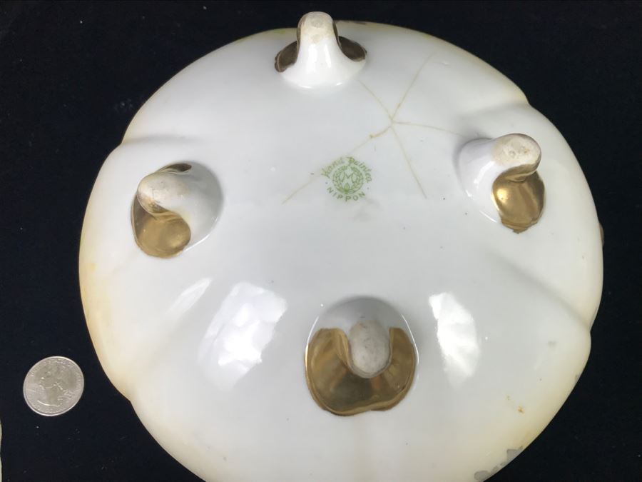Stunning Hand Painted NIPPON Japanese Covered Footed Bowl Hairline Cracks In Bottom And Lid [Photo 13]