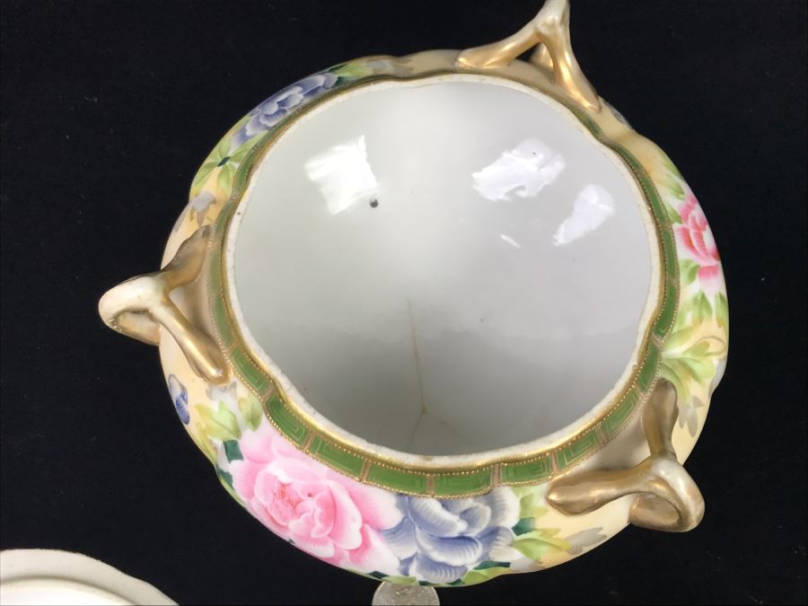 Stunning Hand Painted NIPPON Japanese Covered Footed Bowl Hairline Cracks In Bottom And Lid [Photo 9]