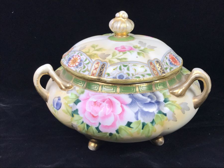 Stunning Hand Painted NIPPON Japanese Covered Footed Bowl Hairline Cracks In Bottom And Lid [Photo 1]