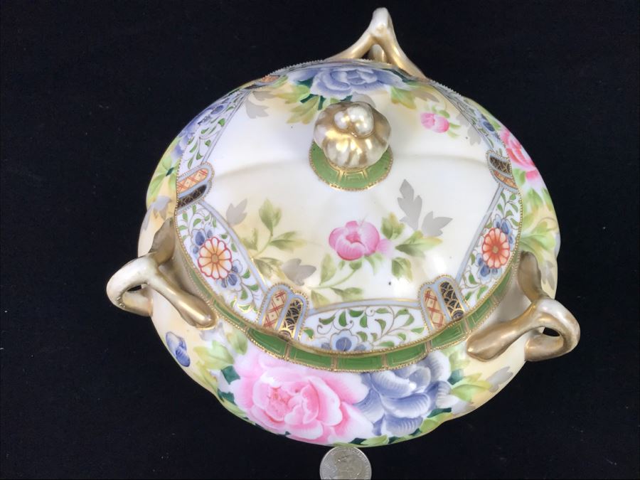 Stunning Hand Painted NIPPON Japanese Covered Footed Bowl Hairline Cracks In Bottom And Lid [Photo 4]