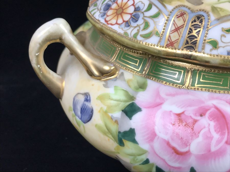 Stunning Hand Painted NIPPON Japanese Covered Footed Bowl Hairline Cracks In Bottom And Lid [Photo 7]