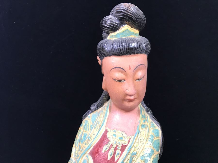 Signed Tall Chinese Figurine On Wooden Base [Photo 5]