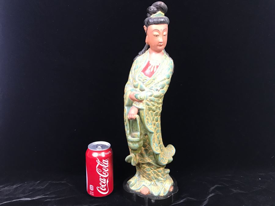 Signed Tall Chinese Figurine On Wooden Base [Photo 1]