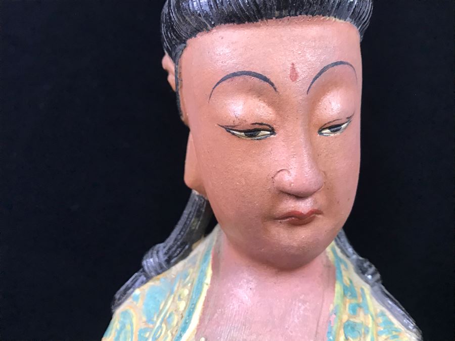 Signed Tall Chinese Figurine On Wooden Base [Photo 6]