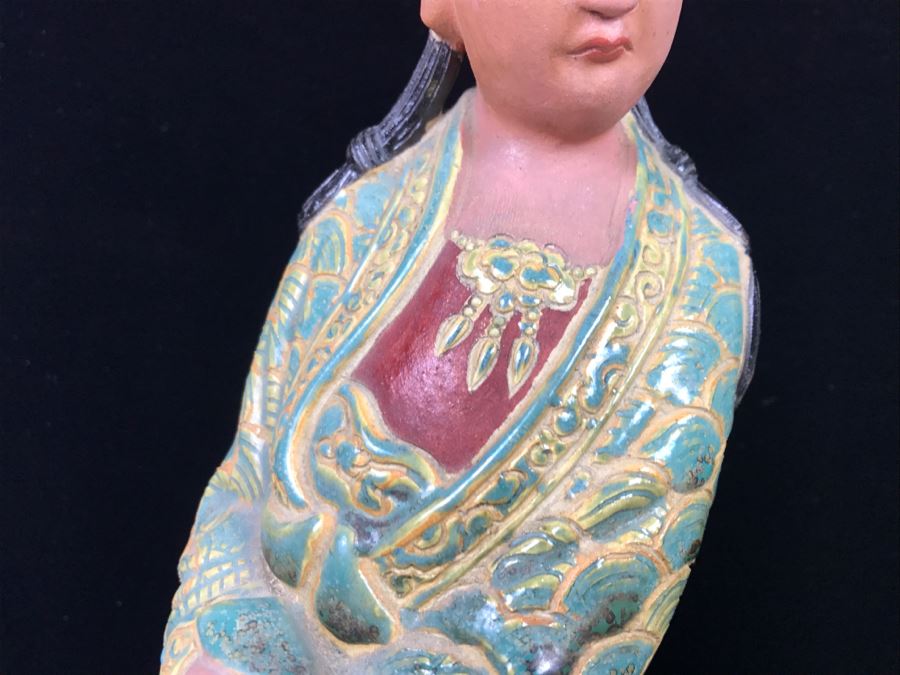 Signed Tall Chinese Figurine On Wooden Base [Photo 7]