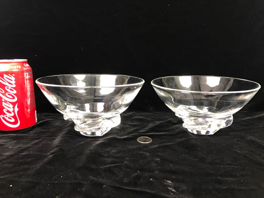 Pair Of Signed Steuben Crystal Spiral Bowls Mid-Century Design By Donald Pollard For Steuben in 1950's Minor Nicks Rough Spots On Base