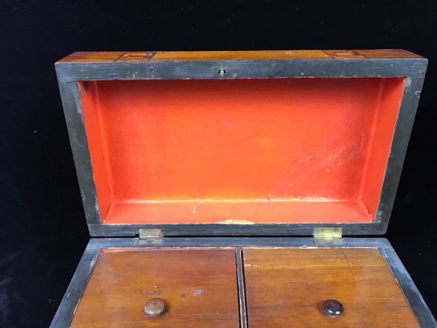 Stunning Antique Inlaid Wooden Tea Box With Geometric Patterns [Photo 14]