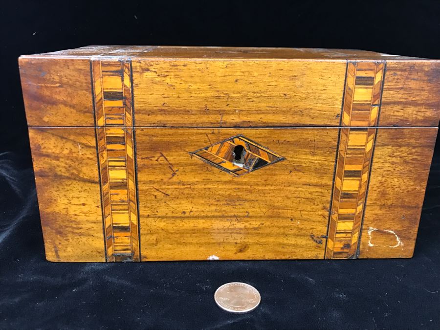 Stunning Antique Inlaid Wooden Tea Box With Geometric Patterns [Photo 4]