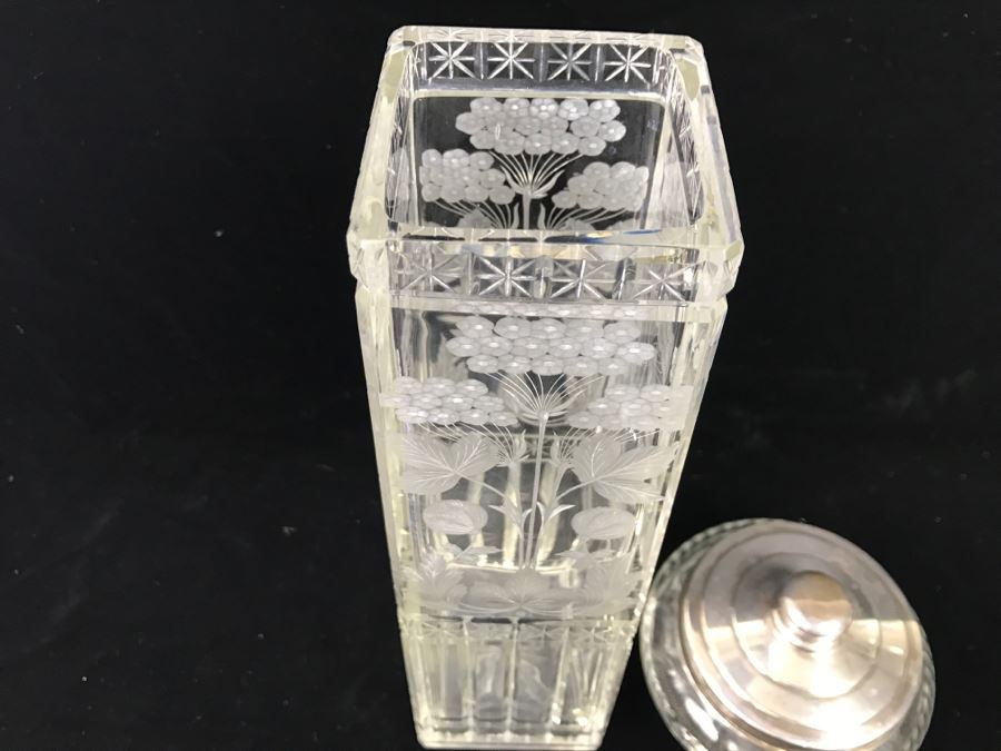 Large Detailed Etched Glass Vase And Etches Glass Jar With Sterling Silver Lid 50.7g Of Sterling Silver [Photo 5]