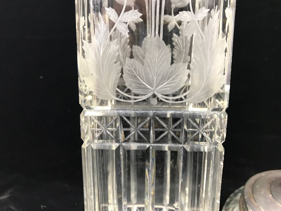 Large Detailed Etched Glass Vase And Etches Glass Jar With Sterling Silver Lid 50.7g Of Sterling Silver [Photo 8]