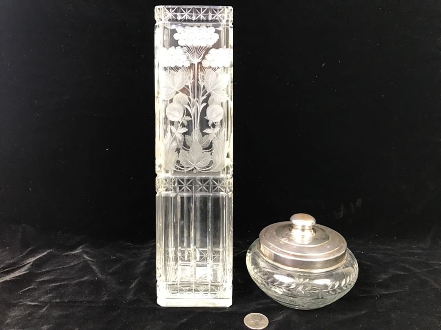 Large Detailed Etched Glass Vase And Etches Glass Jar With Sterling Silver Lid 50.7g Of Sterling Silver [Photo 3]