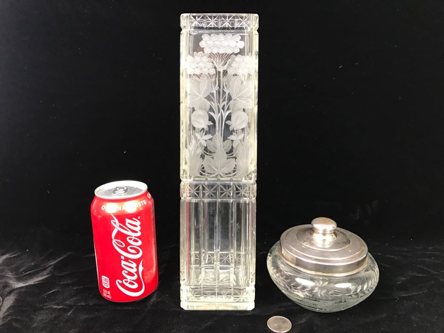 Large Detailed Etched Glass Vase And Etches Glass Jar With Sterling Silver Lid 50.7g Of Sterling Silver