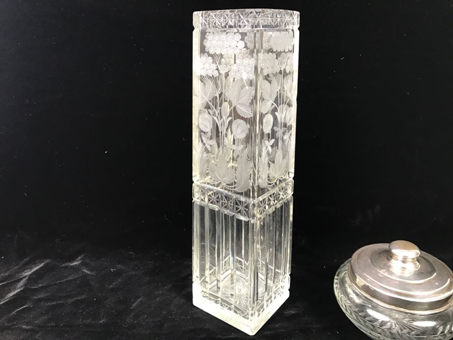 Large Detailed Etched Glass Vase And Etches Glass Jar With Sterling Silver Lid 50.7g Of Sterling Silver [Photo 10]