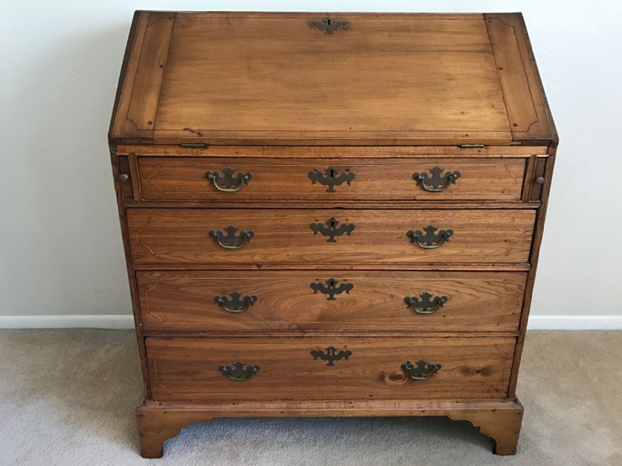 Antique 1750-1760 Handmade Inlaid Maple And Walnut Slant Lid Desk With Multiple Drawers Desk Chippendale Period From Boston Salem Area Of MA [Photo 2]