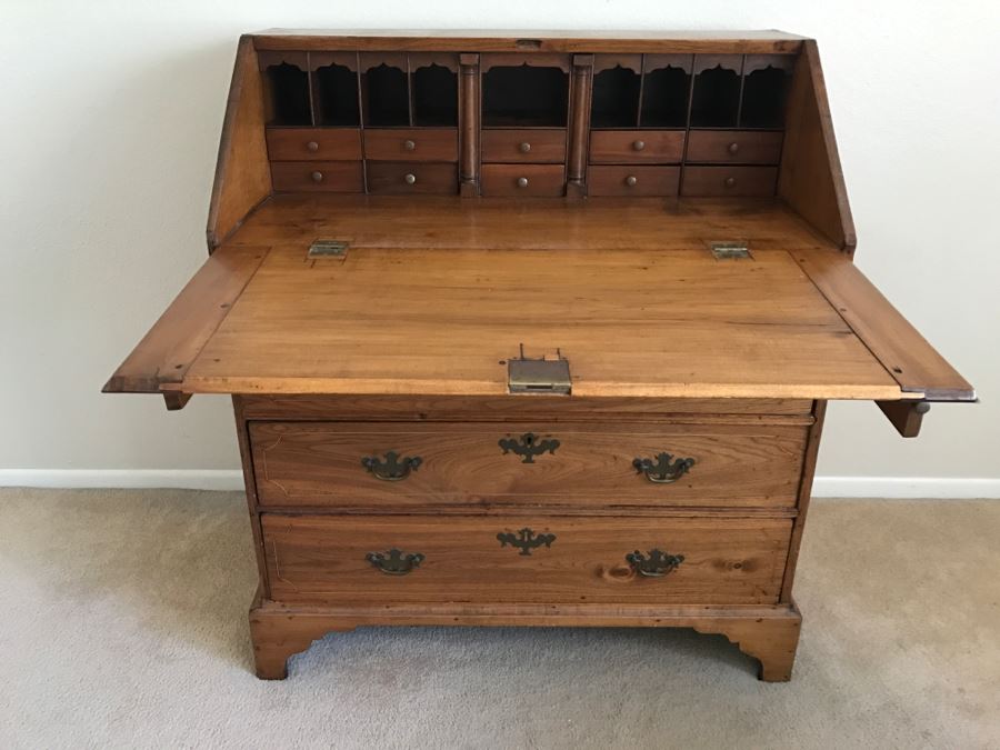 Antique 1750-1760 Handmade Inlaid Maple And Walnut Slant Lid Desk With Multiple Drawers Desk Chippendale Period From Boston Salem Area Of MA