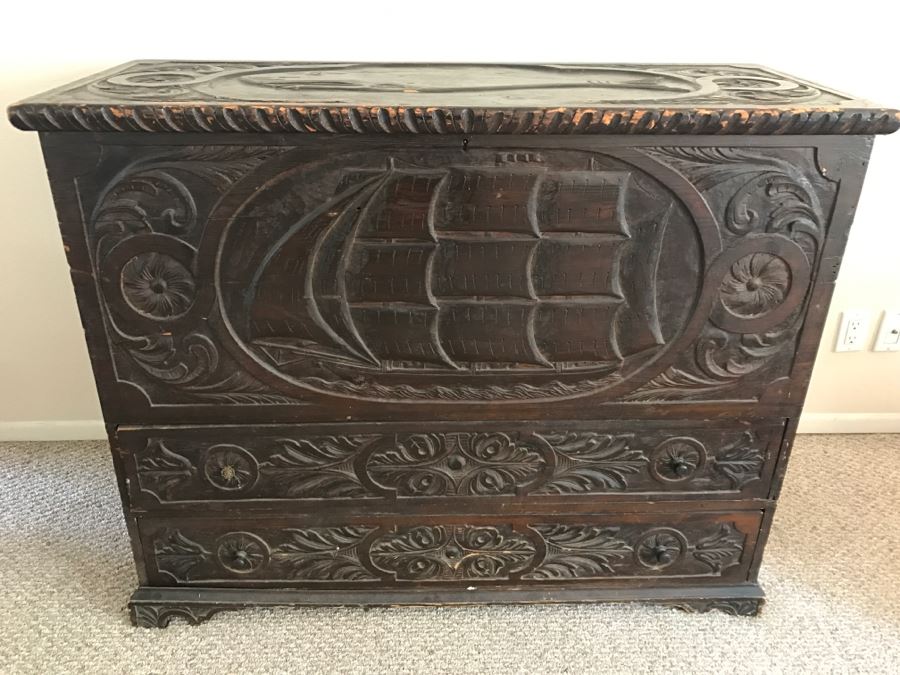 Incredible Antique East Coast Sailor's Chest Hand Carved Throughout With Old Ship On Front And Large Whale On Top Needs Some TLC [Photo 3]