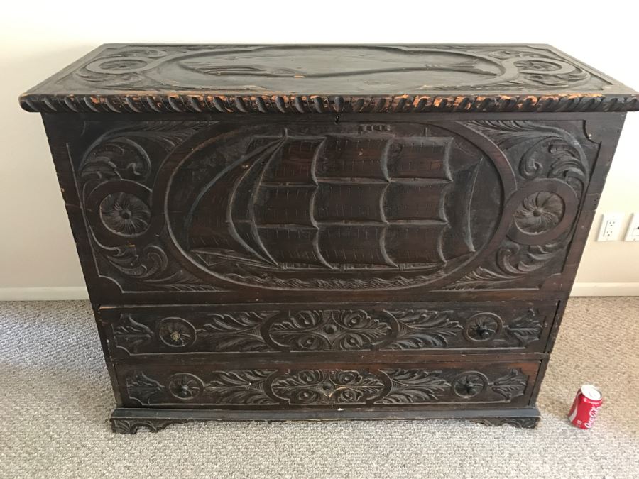 Incredible Antique East Coast Sailor's Chest Hand Carved Throughout With Old Ship On Front And Large Whale On Top Needs Some TLC