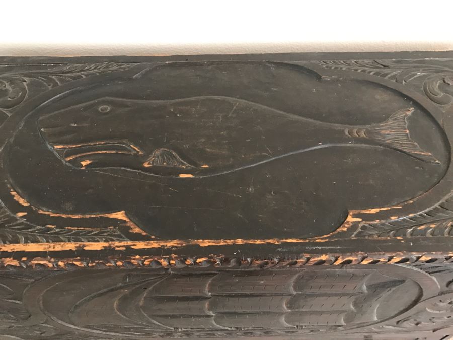 Incredible Antique East Coast Sailor's Chest Hand Carved Throughout With Old Ship On Front And Large Whale On Top Needs Some TLC [Photo 4]