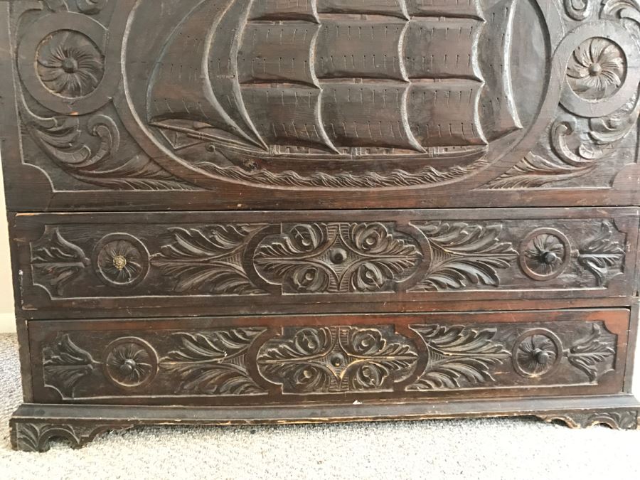 Incredible Antique East Coast Sailor's Chest Hand Carved Throughout With Old Ship On Front And Large Whale On Top Needs Some TLC [Photo 21]