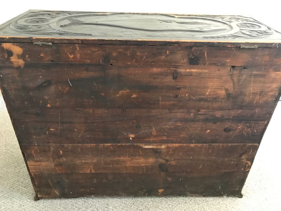 Incredible Antique East Coast Sailor's Chest Hand Carved Throughout With Old Ship On Front And Large Whale On Top Needs Some TLC [Photo 33]