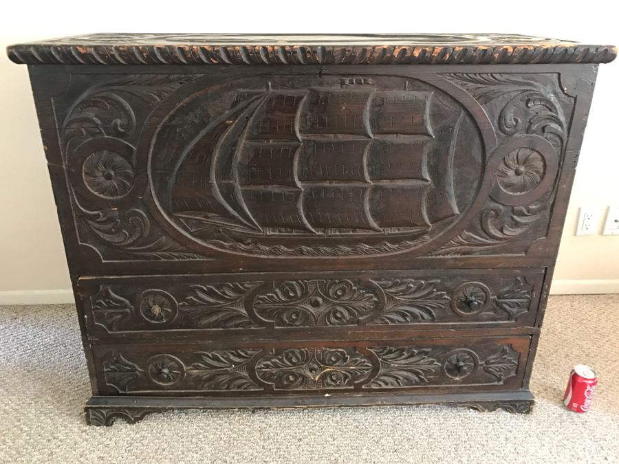Incredible Antique East Coast Sailor's Chest Hand Carved Throughout With Old Ship On Front And Large Whale On Top Needs Some TLC [Photo 7]