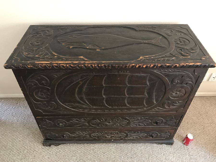 Incredible Antique East Coast Sailor's Chest Hand Carved Throughout With Old Ship On Front And Large Whale On Top Needs Some TLC [Photo 2]