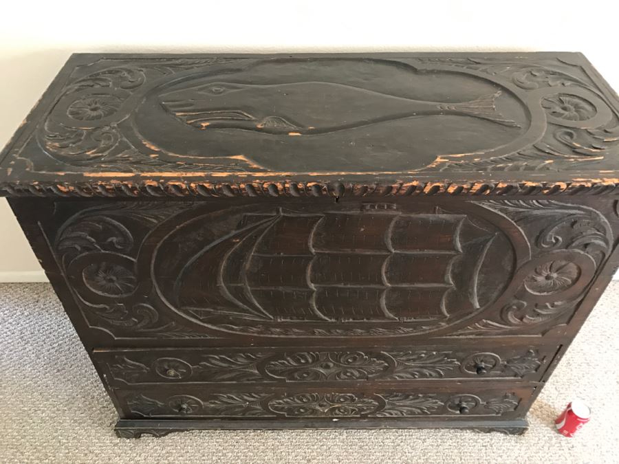 Incredible Antique East Coast Sailor's Chest Hand Carved Throughout With Old Ship On Front And Large Whale On Top Needs Some TLC [Photo 13]