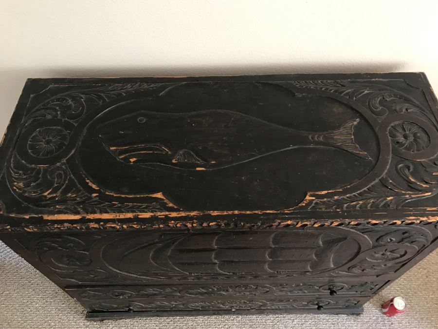 Incredible Antique East Coast Sailor's Chest Hand Carved Throughout With Old Ship On Front And Large Whale On Top Needs Some TLC [Photo 8]