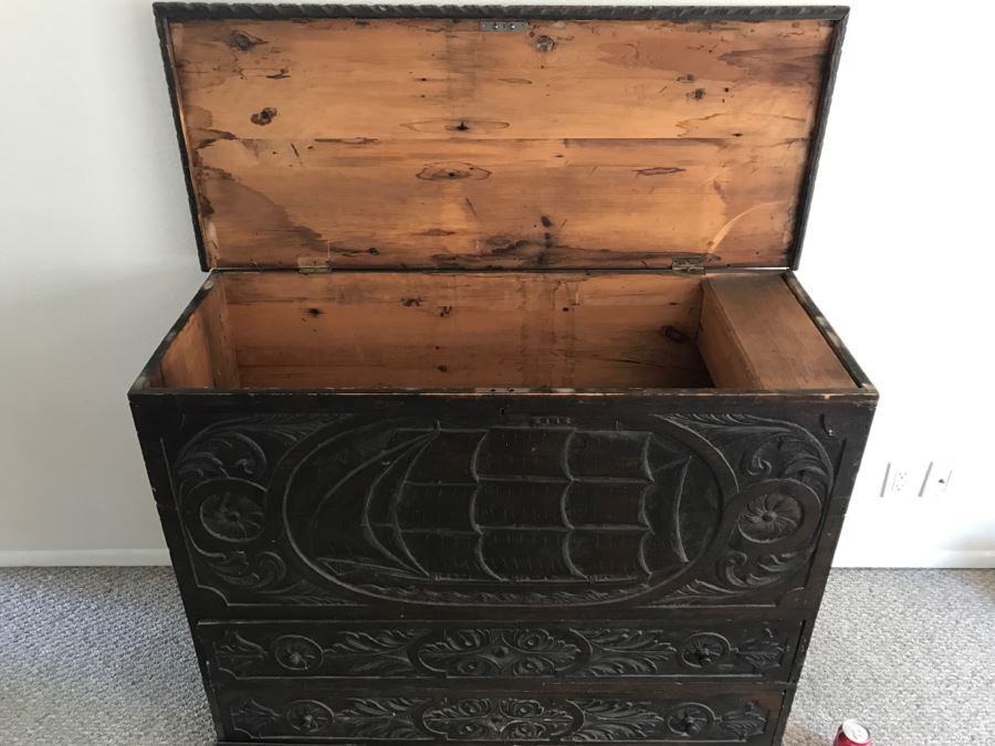 Incredible Antique East Coast Sailor's Chest Hand Carved Throughout With Old Ship On Front And Large Whale On Top Needs Some TLC [Photo 5]