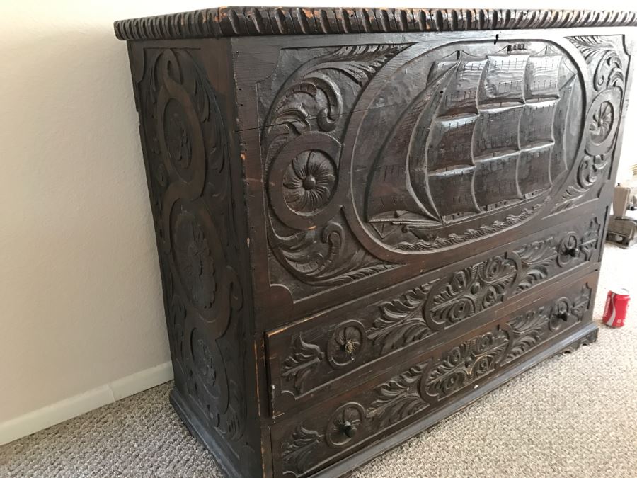 Incredible Antique East Coast Sailor's Chest Hand Carved Throughout With Old Ship On Front And Large Whale On Top Needs Some TLC [Photo 14]
