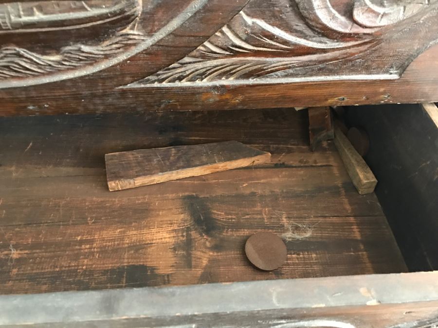 Incredible Antique East Coast Sailor's Chest Hand Carved Throughout With Old Ship On Front And Large Whale On Top Needs Some TLC [Photo 24]
