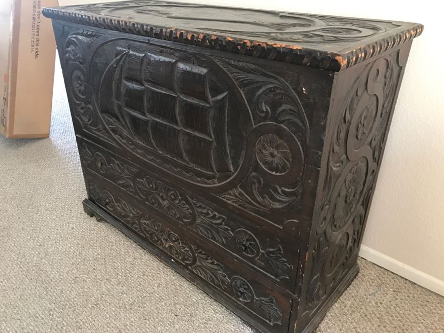 Incredible Antique East Coast Sailor's Chest Hand Carved Throughout With Old Ship On Front And Large Whale On Top Needs Some TLC [Photo 6]