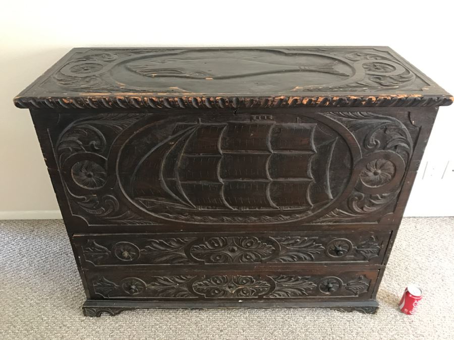 Incredible Antique East Coast Sailor's Chest Hand Carved Throughout With Old Ship On Front And Large Whale On Top Needs Some TLC [Photo 16]