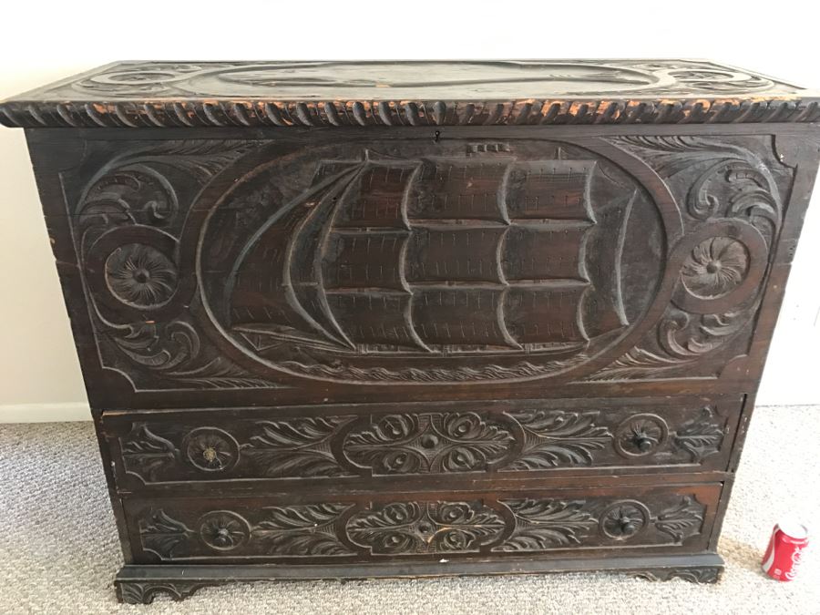 Incredible Antique East Coast Sailor's Chest Hand Carved Throughout With Old Ship On Front And Large Whale On Top Needs Some TLC [Photo 12]
