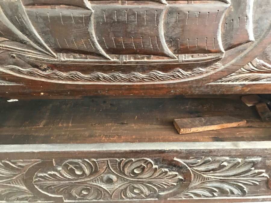 Incredible Antique East Coast Sailor's Chest Hand Carved Throughout With Old Ship On Front And Large Whale On Top Needs Some TLC [Photo 25]