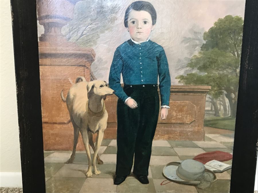 Antique Portrait Oil Painting On Canvas Of Boy With Dog No Signature Found Estimate $1,000 [Photo 6]