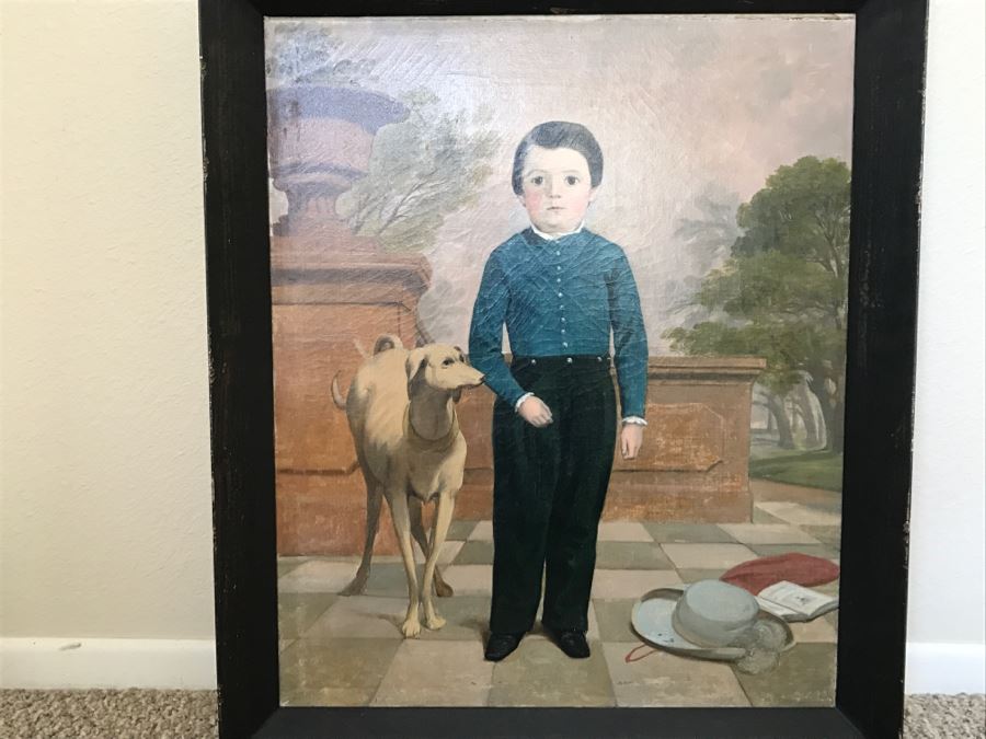 Antique Portrait Oil Painting On Canvas Of Boy With Dog No Signature Found Estimate $1,000 [Photo 5]