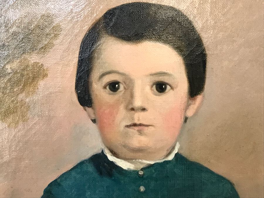 Antique Portrait Oil Painting On Canvas Of Boy With Dog No Signature Found Estimate $1,000 [Photo 7]