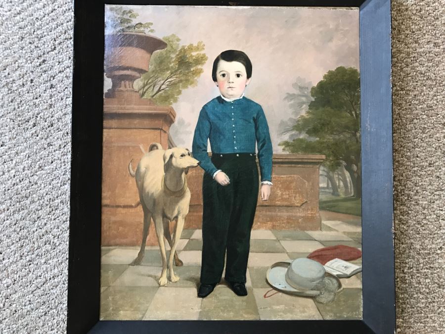 Antique Portrait Oil Painting On Canvas Of Boy With Dog No Signature Found Estimate $1,000 [Photo 1]
