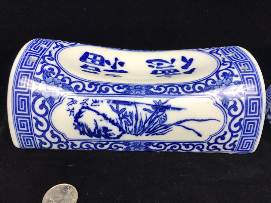 Pair Of Signed Chinese Porcelain Pillows Blue And White [Photo 2]