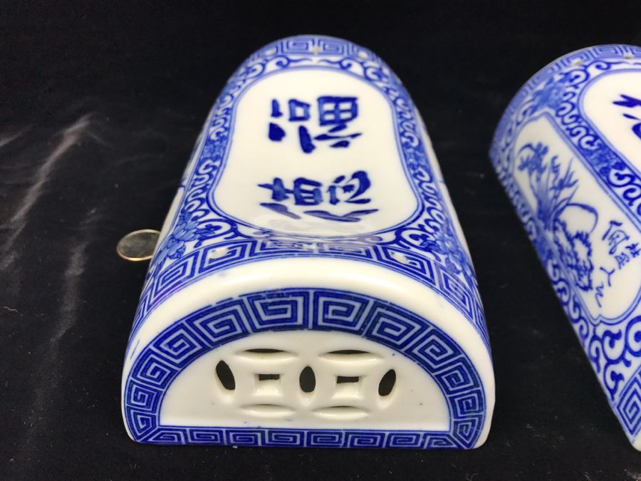 Pair Of Signed Chinese Porcelain Pillows Blue And White [Photo 8]