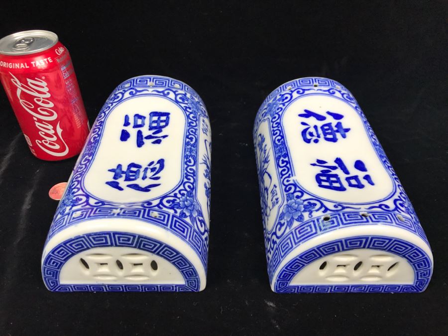 Pair Of Signed Chinese Porcelain Pillows Blue And White [Photo 1]