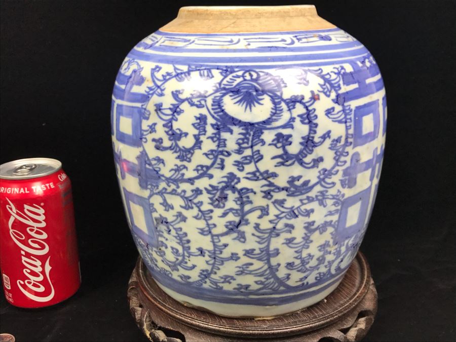 Antique Chinese Jar With Wooden Stand Note Hairline Cracks In Photos [Photo 2]
