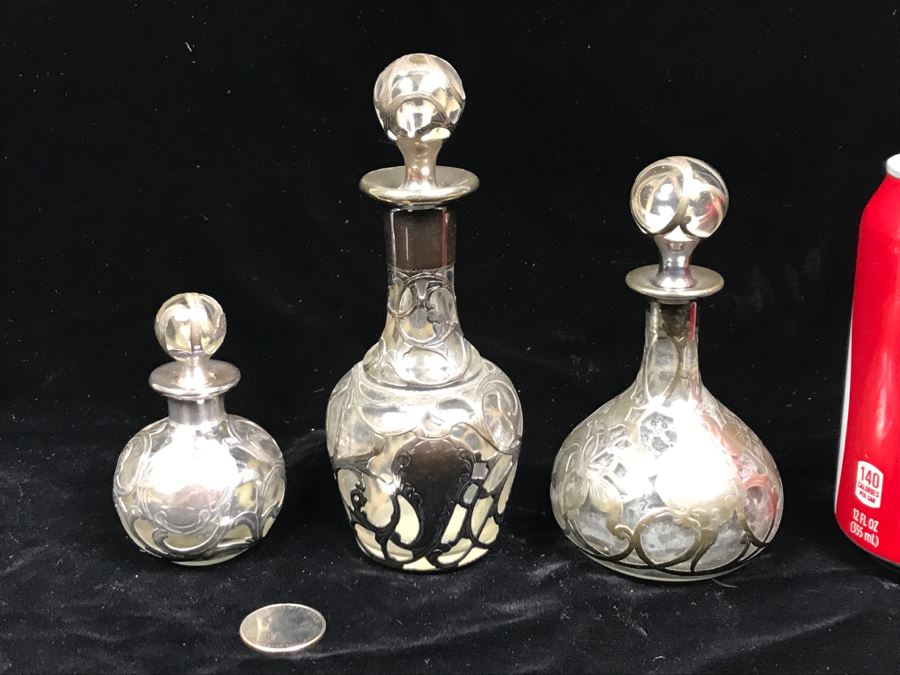 Set Of (3) Vintage Sterling Silver Overlay Perfume Bottles [Photo 1]