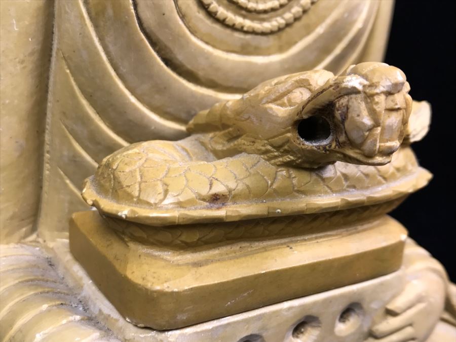 Vintage Carved Stone Buddha Incense Burner On Wooden Stand - Note That Snake's Tail Is Chipped [Photo 8]