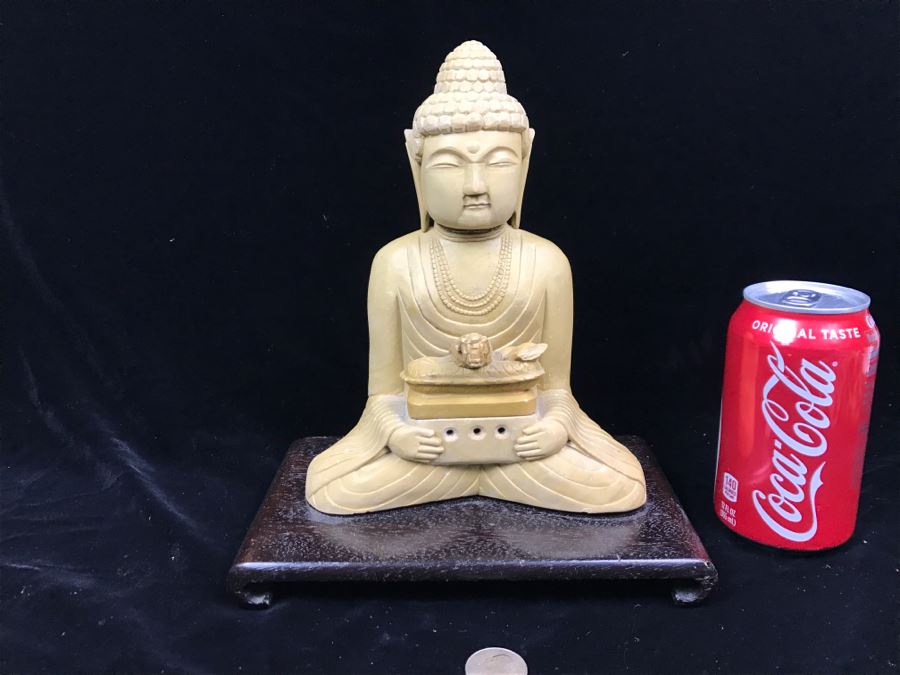 Vintage Carved Stone Buddha Incense Burner On Wooden Stand - Note That Snake's Tail Is Chipped [Photo 1]