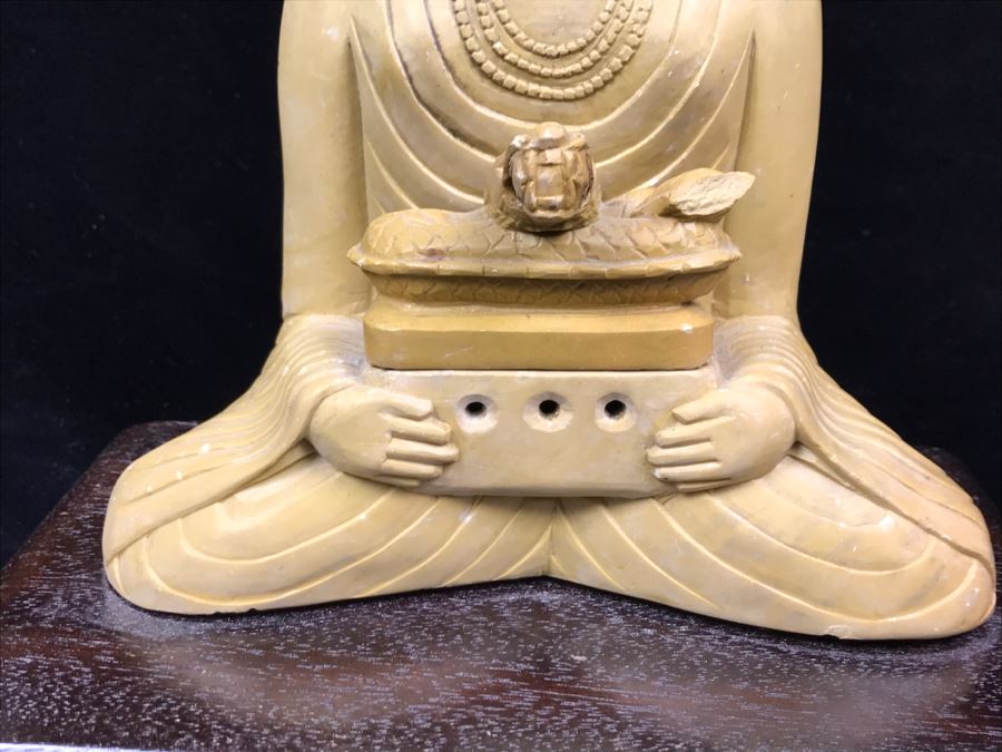 Vintage Carved Stone Buddha Incense Burner On Wooden Stand - Note That Snake's Tail Is Chipped [Photo 6]