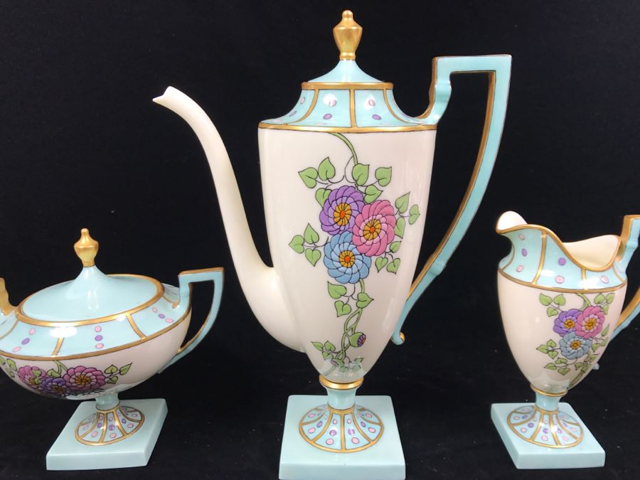 Antique Lenox Green Palette Mark (1906-1924) Coffee Pot With Sugar And Creamer Signed By Artist C.B. White 1929 [Photo 4]